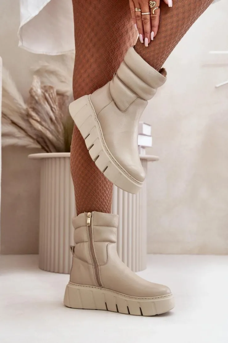 Damskie Zazoo 60512 Botki Damskie Skórzane Na Zamek Ocieplane Filcem Jasnobeżowe