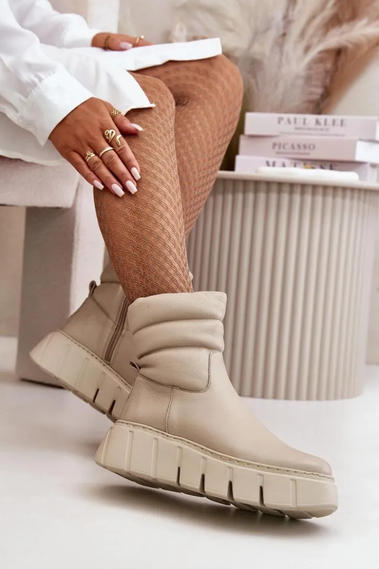 Damskie Zazoo 60512 Botki Damskie Skórzane Na Zamek Ocieplane Filcem Jasnobeżowe