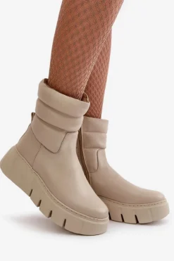 Damskie Zazoo 60512 Botki Damskie Skórzane Na Zamek Ocieplane Filcem Jasnobeżowe