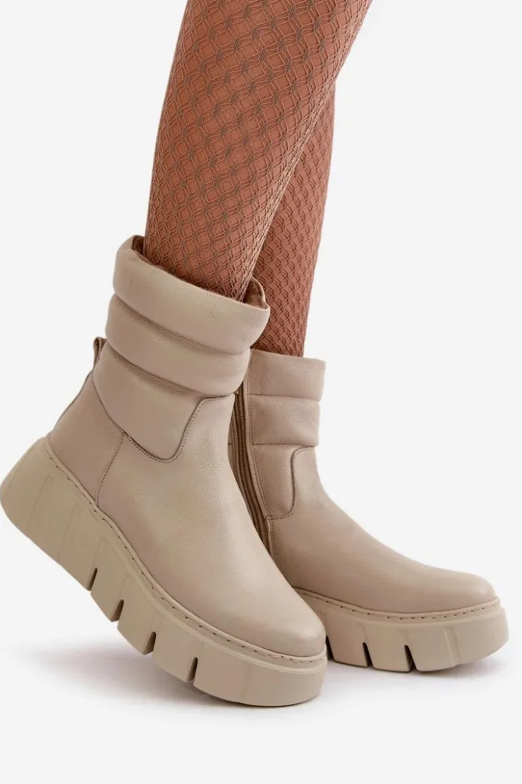 Damskie Zazoo 60512 Botki Damskie Skórzane Na Zamek Ocieplane Filcem Jasnobeżowe