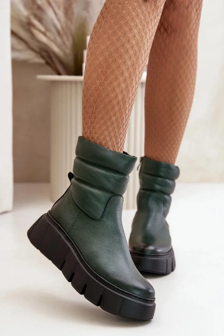 Zazoo Botki Ocieplane|Botki Skórzane*60512 Botki Damskie Skórzane Na Zamek Ocieplane Filcem Ciemnozielone Zielony