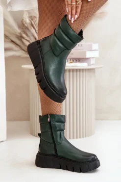 Zazoo Botki Ocieplane|Botki Skórzane*60512 Botki Damskie Skórzane Na Zamek Ocieplane Filcem Ciemnozielone Zielony