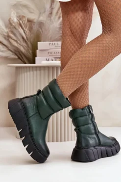 Zazoo Botki Ocieplane|Botki Skórzane*60512 Botki Damskie Skórzane Na Zamek Ocieplane Filcem Ciemnozielone Zielony