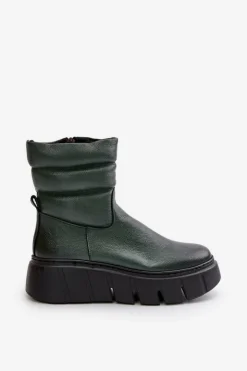 Zazoo Botki Ocieplane|Botki Skórzane*60512 Botki Damskie Skórzane Na Zamek Ocieplane Filcem Ciemnozielone Zielony