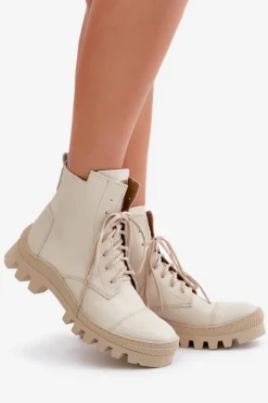 Damskie Zazoo 2831 Botki Damskie Ze Skóry Naturalnej Jasnobeżowe