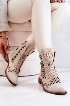 Damskie Zazoo 2695 Botki Skórzane Ażurowe Na Suwak Jasnobeżowe