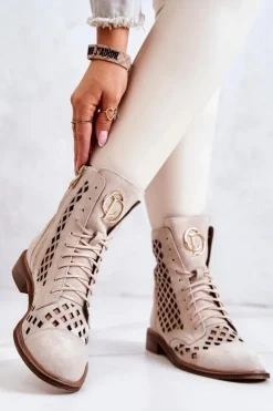 Damskie Zazoo 2695 Botki Skórzane Ażurowe Na Suwak Jasnobeżowe