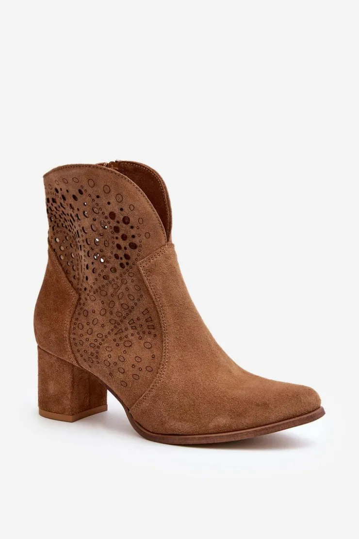 Damskie Zazoo 3166 Damskie Ażurowe Botki Na Obcasie Zamszowe Camel