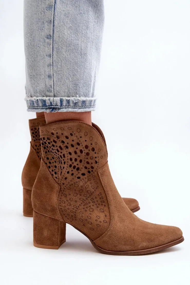 Damskie Zazoo 3166 Damskie Ażurowe Botki Na Obcasie Zamszowe Camel