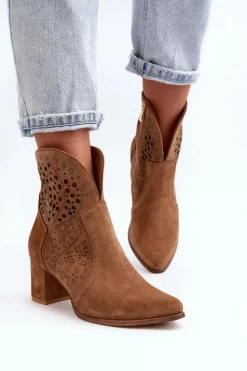 Damskie Zazoo 3166 Damskie Ażurowe Botki Na Obcasie Zamszowe Camel