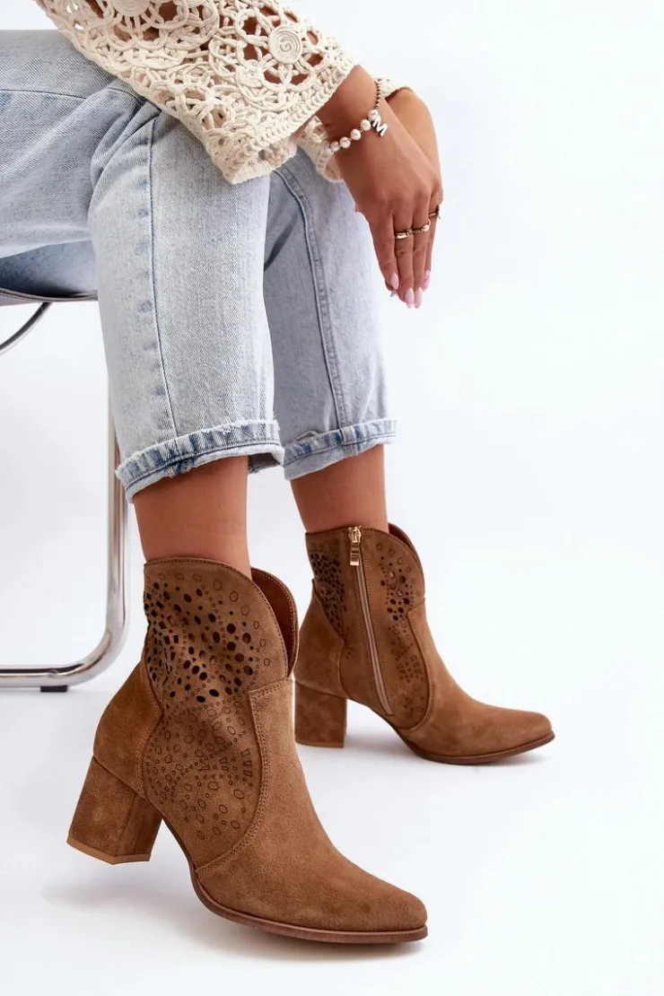 Damskie Zazoo 3166 Damskie Ażurowe Botki Na Obcasie Zamszowe Camel
