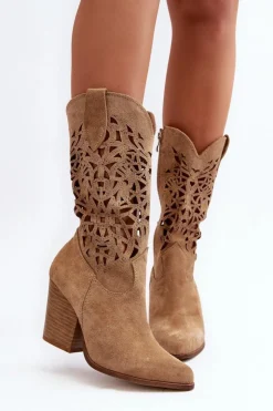 Zazoo Botki Wiosenne|Botki Skórzane*3414 Damskie Ażurowe Botki Na Słupku Zamszowe Beżowe