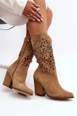 Zazoo Botki Wiosenne|Botki Skórzane*3414 Damskie Ażurowe Botki Na Słupku Zamszowe Beżowe