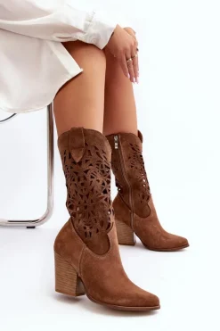Damskie Zazoo 3414 Damskie Ażurowe Botki Na Słupku Zamszowe Brązowe