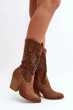 Damskie Zazoo 3414 Damskie Ażurowe Botki Na Słupku Zamszowe Brązowe
