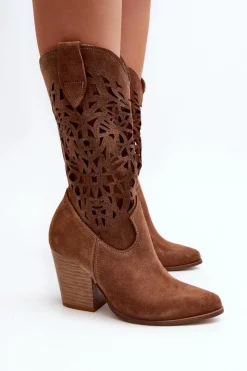 Damskie Zazoo 3414 Damskie Ażurowe Botki Na Słupku Zamszowe Brązowe