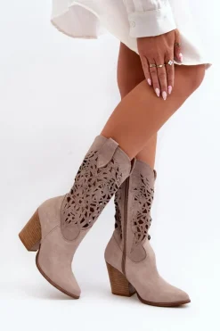 Clearance Zazoo 3414 Damskie Ażurowe Botki Na Słupku Zamszowe Cappucino