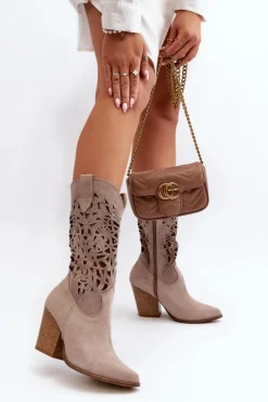 Clearance Zazoo 3414 Damskie Ażurowe Botki Na Słupku Zamszowe Cappucino
