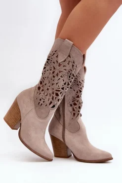 Clearance Zazoo 3414 Damskie Ażurowe Botki Na Słupku Zamszowe Cappucino