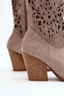 Clearance Zazoo 3414 Damskie Ażurowe Botki Na Słupku Zamszowe Cappucino
