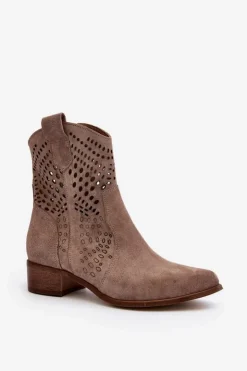 Damskie Zazoo 3305 Damskie Ażurowe Botki Kowbojki Na Niskim Obcasie Zamszowe Cappucino