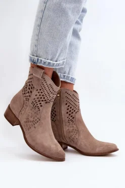 Damskie Zazoo 3305 Damskie Ażurowe Botki Kowbojki Na Niskim Obcasie Zamszowe Cappucino