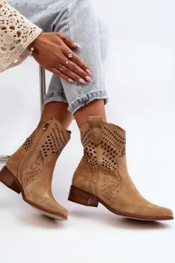 Zazoo 3305/2 Damskie Ażurowe Botki Kowbojki Na Niskim Obcasie Zamszowe Beżowe