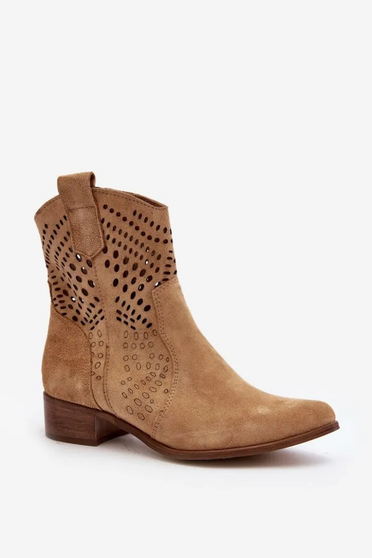 Zazoo 3305/2 Damskie Ażurowe Botki Kowbojki Na Niskim Obcasie Zamszowe Beżowe
