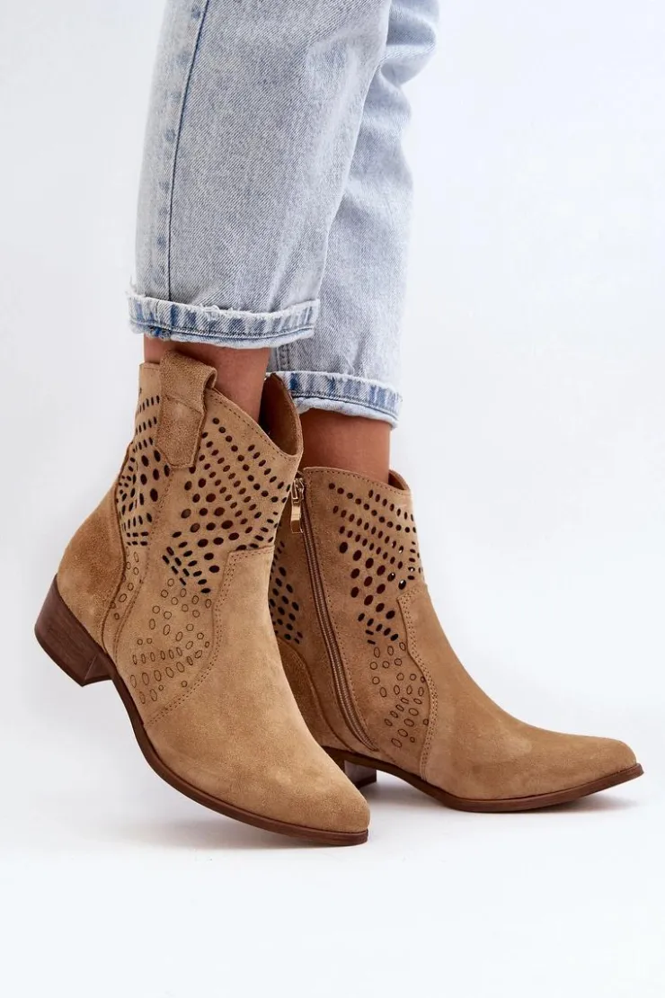 Zazoo 3305/2 Damskie Ażurowe Botki Kowbojki Na Niskim Obcasie Zamszowe Beżowe