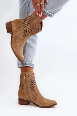 Zazoo 3305/2 Damskie Ażurowe Botki Kowbojki Na Niskim Obcasie Zamszowe Beżowe