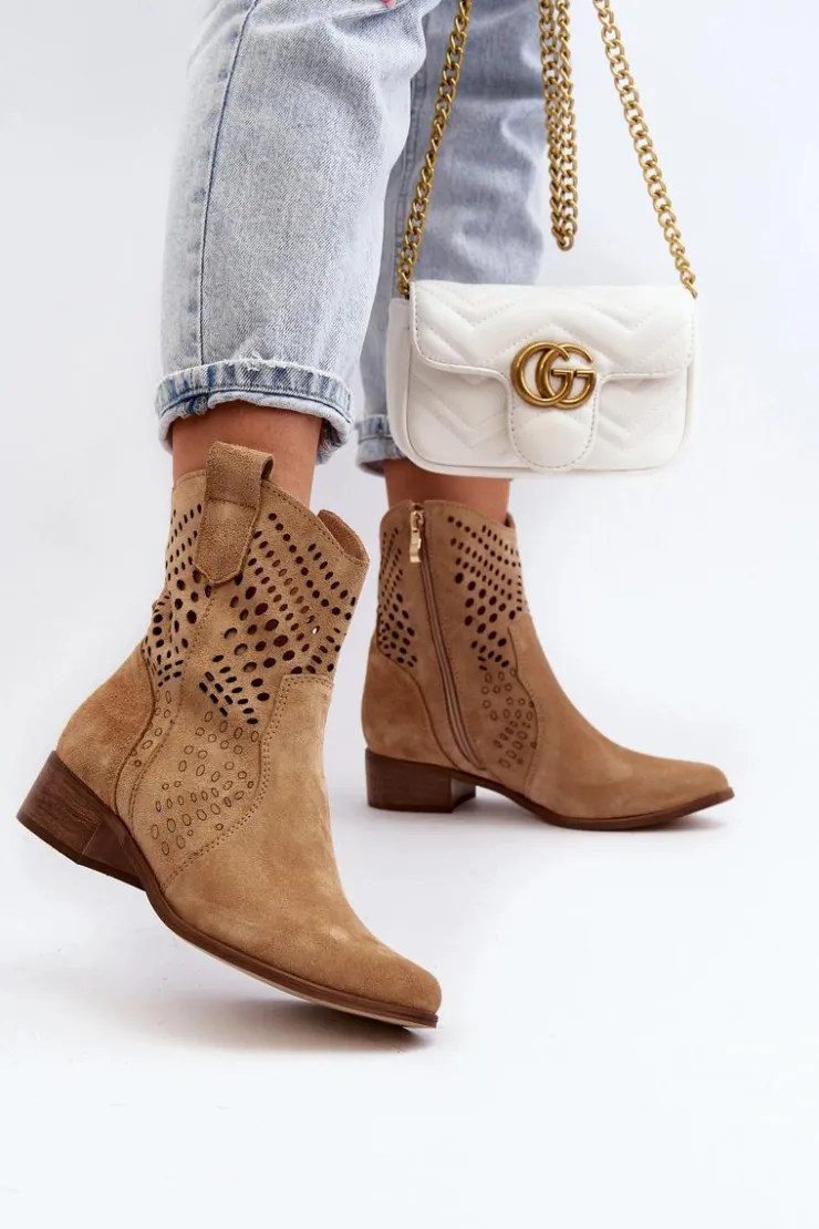 Zazoo 3305/2 Damskie Ażurowe Botki Kowbojki Na Niskim Obcasie Zamszowe Beżowe