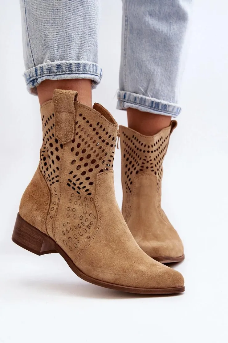 Zazoo 3305/2 Damskie Ażurowe Botki Kowbojki Na Niskim Obcasie Zamszowe Beżowe