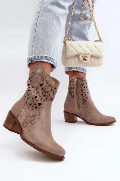 Zazoo Botki Wiosenne|Botki Skórzane*3394 Damskie Botki Na Obcasie Ażurowe Cappucino