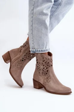 Zazoo Botki Wiosenne|Botki Skórzane*3394 Damskie Botki Na Obcasie Ażurowe Cappucino