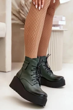 Damskie Zazoo 60499 Damskie Botki Na Platformie I Koturnie Ocieplane Skóra Naturalna Ciemnozielone