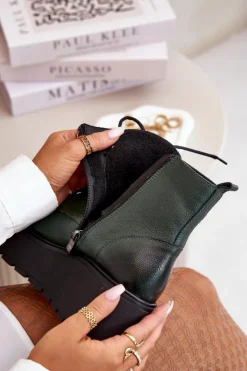 Damskie Zazoo 60499 Damskie Botki Na Platformie I Koturnie Ocieplane Skóra Naturalna Ciemnozielone