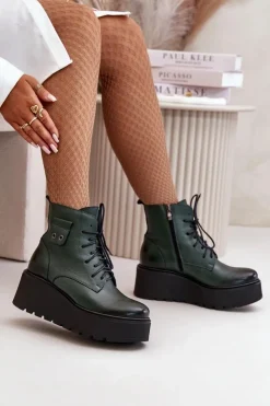 Damskie Zazoo 60499 Damskie Botki Na Platformie I Koturnie Ocieplane Skóra Naturalna Ciemnozielone