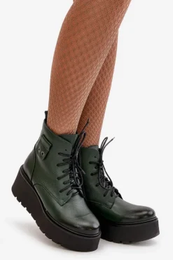 Damskie Zazoo 60499 Damskie Botki Na Platformie I Koturnie Ocieplane Skóra Naturalna Ciemnozielone
