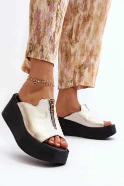 Zazoo Klapki Na Platformie|Klapki Damskie Klasyczne*2916 Damskie Klapki Na Masywnej Platformie Z Suwakiem Złote Złoty