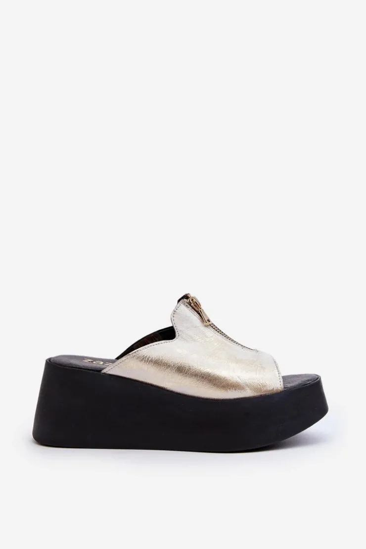 Zazoo Klapki Na Platformie|Klapki Damskie Klasyczne*2916 Damskie Klapki Na Masywnej Platformie Z Suwakiem Złote Złoty