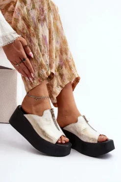 Zazoo Klapki Na Platformie|Klapki Damskie Klasyczne*2916 Damskie Klapki Na Masywnej Platformie Z Suwakiem Złote Złoty