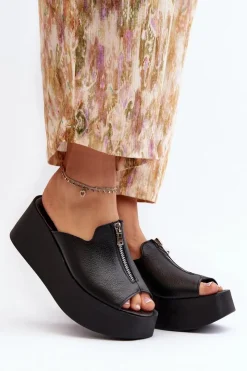 Damskie Zazoo 2916 Damskie Klapki Na Masywnej Platformie Z Suwakiem Czarne