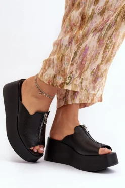 Damskie Zazoo 2916 Damskie Klapki Na Masywnej Platformie Z Suwakiem Czarne