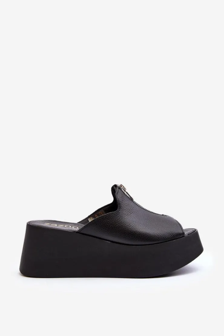 Damskie Zazoo 2916 Damskie Klapki Na Masywnej Platformie Z Suwakiem Czarne