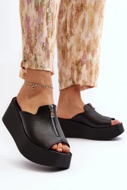 Damskie Zazoo 2916 Damskie Klapki Na Masywnej Platformie Z Suwakiem Czarne