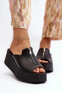 Damskie Zazoo 2916 Damskie Klapki Na Masywnej Platformie Z Suwakiem Czarne