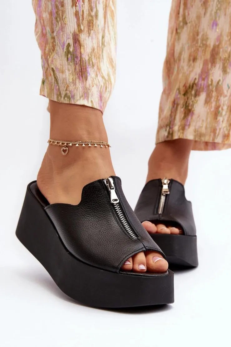 Damskie Zazoo 2916 Damskie Klapki Na Masywnej Platformie Z Suwakiem Czarne