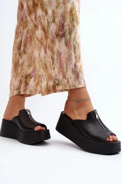 Damskie Zazoo 2916 Damskie Klapki Na Masywnej Platformie Z Suwakiem Czarne