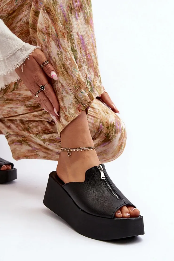 Damskie Zazoo 2916 Damskie Klapki Na Masywnej Platformie Z Suwakiem Czarne