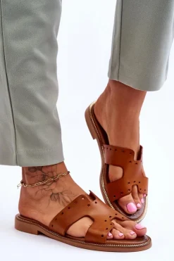 Zazoo 40326 Damskie Klapki Z Ozdobnymi Wycięciami Brązowe Brązowy